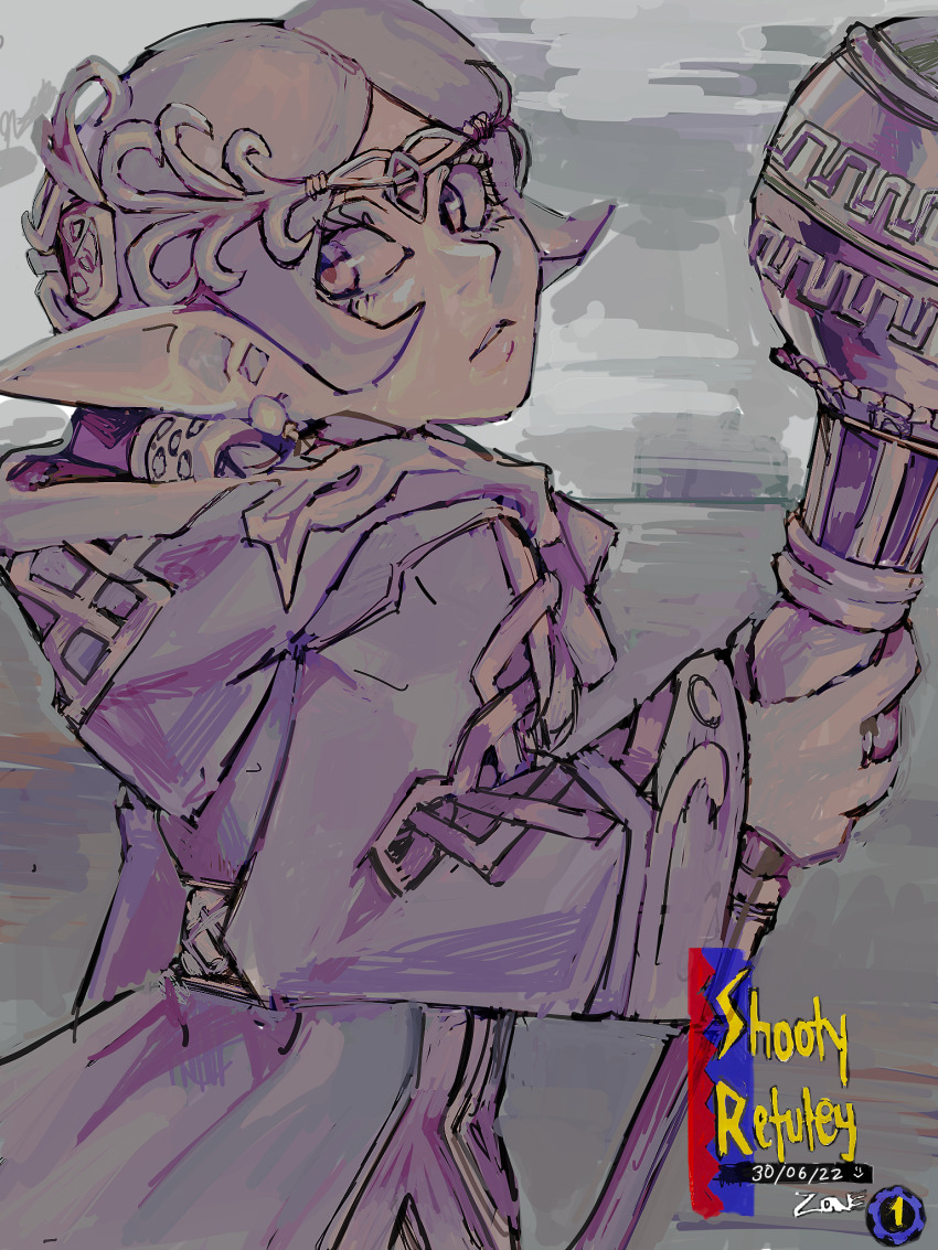 1girl, bonelessbastion, braid, circlet, commentary, earrings, english_commentary, grey_background