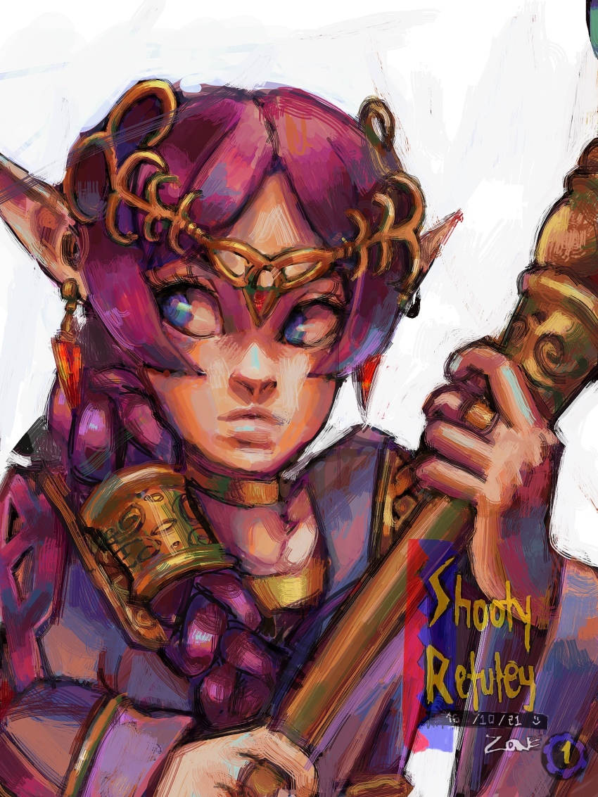 1girl, artist_name, blue_eyes, bonelessbastion, braid, circlet, closed_mouth, commentary