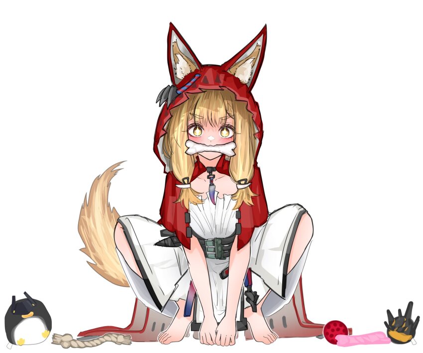 animal_ear_fluff, animal_ears, animalization, arknights, arknights:_endfield, belt, bone, cape, cloak, ears_through_headwear, ears_through_hood, endministrator_(arknights), full_body, high-waist_belt, highres, hood, hood_up, hooded_cape, hooded_cloak, jewelry, keiosu4, legs_apart, low-tied_sidelocks, low_twintails, necklace, originium_slug_(arknights), red_cape, red_cloak, red_hood, rossi_(arknights), sidelocks, simple_background, spread_legs, tail, tooth_necklace, twintails, white_background, wolf_ears, wolf_girl, wolf_tail