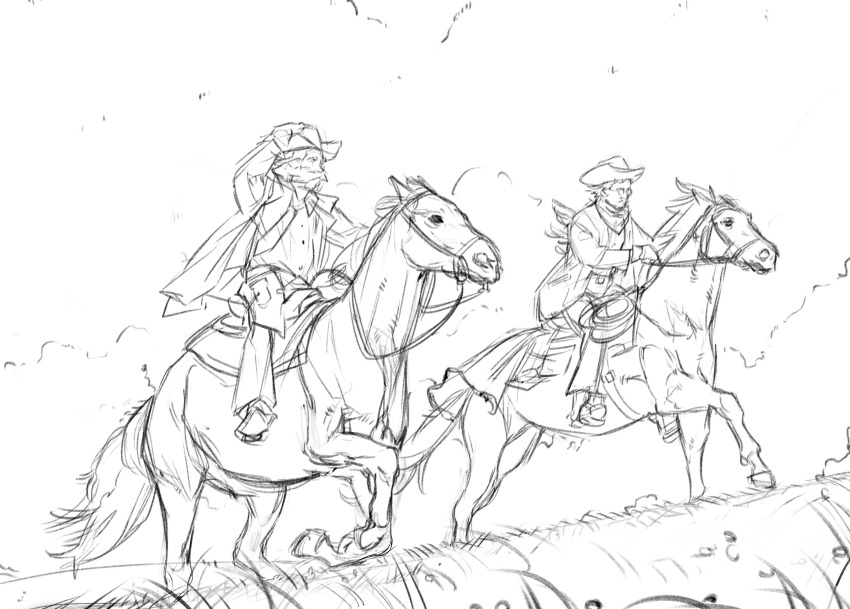 2boys, absurdres, alternate_costume, clothing_request, collared_shirt, cowboy, cowboy_hat, disco_elysium