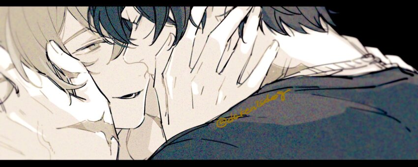 2boys, arm_up, black_background, black_shirt, closed_eyes, commentary_request, dakenisdog, film_grain