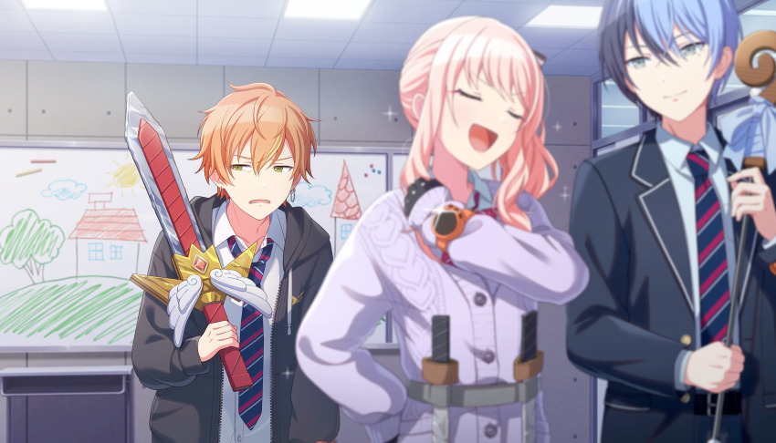 1other, 2boys, akiyama_mizuki, annoyed, aoyagi_touya, bad_tag, blazer, blonde_streaks, blue_hair, blurry, blurry_foreground, bow, bowtie, buttons, cardigan, classroom, closed_eyes, collared_shirt, colorful_palette, diagonal-striped_bow, diagonal-striped_bowtie, diagonal-striped_clothes, diagonal-striped_necktie, disgust, dot_nose, drawing_(object), drill_hair, drill_ponytail, drill_sidelocks, ear_piercing, earrings, funsai_seyo!_unvalentine_no_fukushuu_(project_sekai), game_cg, green_eyes, grey_eyes, hair_ribbon, hand_up, high_side_ponytail, highres, holding, holding_sword, holding_weapon, hood, indoors, jacket, jewelry, kamiyama_high_school_uniform_(project_sekai), knife, lapels, light_blush, looking_at_another, mage_staff, mole, mole_under_eye, multicolored_hair, multiple_boys, necktie, notched_lapels, official_art, open_mouth, orange_hair, piercing, pink_hair, project_sekai, prop_knife, purple_cardigan, ribbon, school, school_uniform, shinonome_akito, shirt, side_ponytail, sidelocks, sideways_glance, smile, sparkle, split-color_hair, staff, streaked_hair, striped_bow, striped_bowtie, striped_clothes, sword, third-party_source, v-shaped_eyebrows, watch, weapon, white_shirt, wristwatch, wristwatch_over_clothes