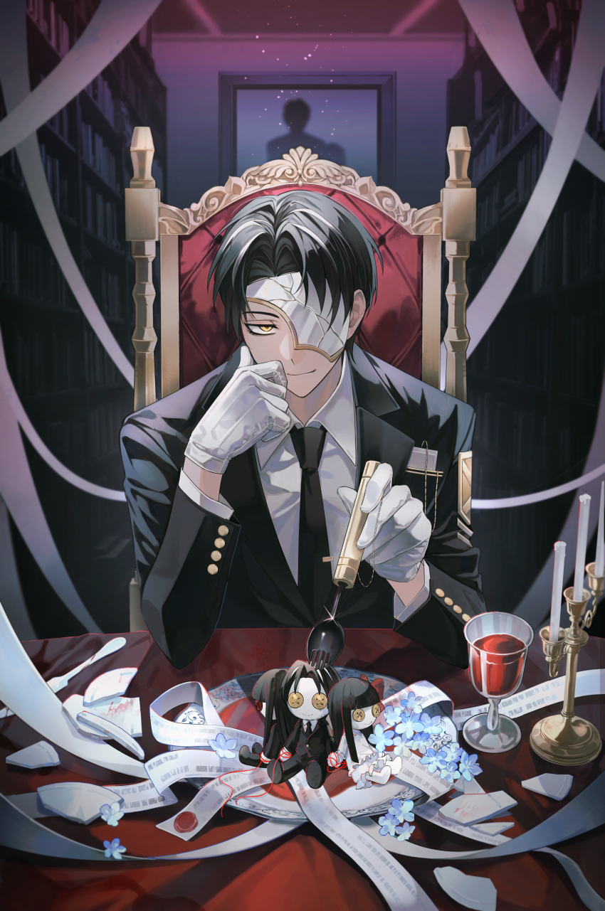 1boy, 7ceta, absurdres, ambiguous_red_liquid, badge, black_jacket, black_necktie, blue_flower