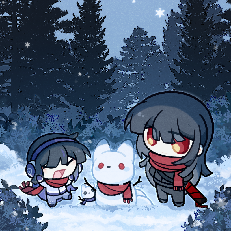 2girls, :d, araya_(project_moon), arms_up, azhong_123, black_hair, black_jacket, black_pants, blue_gloves, blue_jacket, blue_pants, blue_scarf, blunt_bangs, bush, chibi, chibi_only, child, closed_mouth, earmuffs, forest, gloves, jacket, leg_up, limbus_company, long_hair, long_sleeves, mother_and_child, mother_and_daughter, multiple_girls, nature, open_mouth, outdoors, overcast, pants, parent_and_child, project_moon, red_eyes, red_scarf, ryoshu_(project_moon), scabbard, scarf, sheath, sidelocks, sky, smile, snow, snowflakes, snowing, snowman, standing, tree, winter