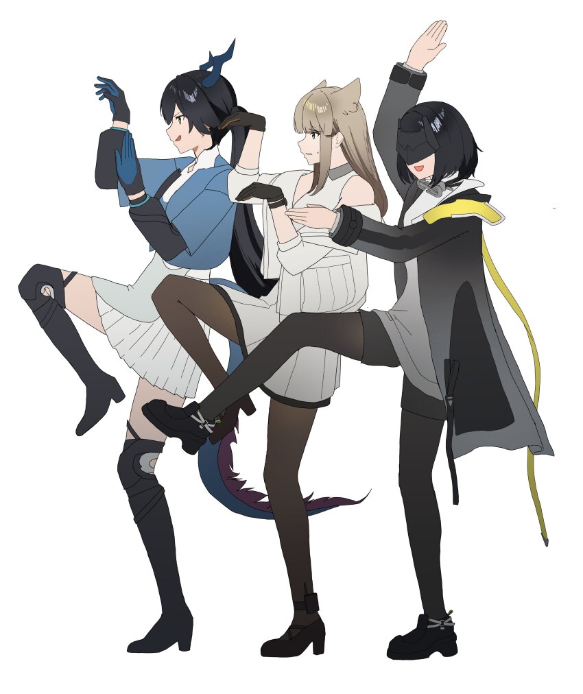 3girls, :d, absurdres, animal_ears, arknights, arknights:_endfield, arm_up, ashamutoki