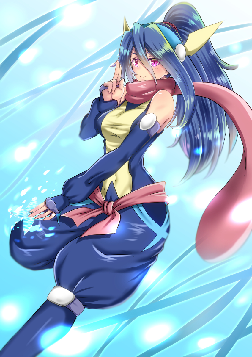1girl, baggy_clothes, bare_shoulders, blue_background, blue_bodysuit, blue_hair, blue_hairband, blue_sleeves, bodysuit, borrowed_character, breasts, check_clothing, closed_mouth, clothing_request, commentary_request, covered_navel, detached_sleeves, double-parted_bangs, foot_out_of_frame, full_body, gen_6_pokemon, greninja, hair_between_eyes, hairband, highres, holding, holding_shuriken, holding_weapon, humanization, kuji-in, large_breasts, long_hair, long_sleeves, multicolored_bodysuit, ninja, nintendo, pink_eyes, pink_sash, pink_scarf, pokemon, pokemon_(creature), ponytail, sash, scarf, shuriken, sleeveless, sleeveless_bodysuit, sleeves_past_wrists, smile, solo, takecha, two-tone_bodysuit, water_shuriken_(pokemon), weapon, yellow_bodysuit