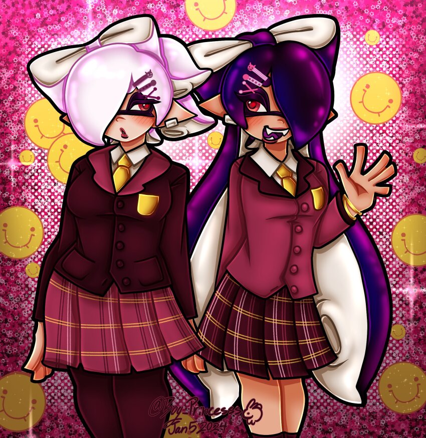 black_hair, boy_princesss, brittany_biskit, brittany_biskit_(cosplay), callie_(splatoon), cosplay, cousins, emoji