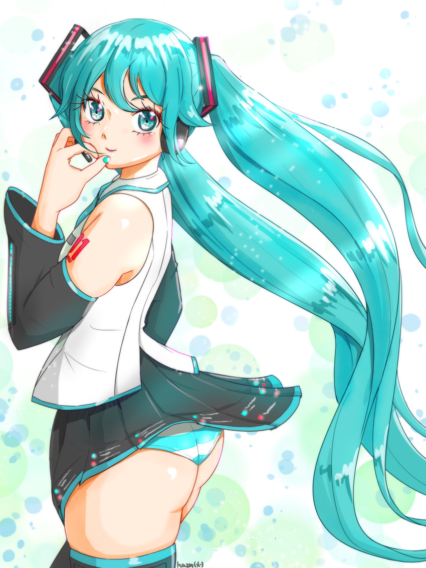 1girl, aqua_eyes, aqua_hair, aqua_nails, aqua_necktie, ass, black_sleeves, commentary_request