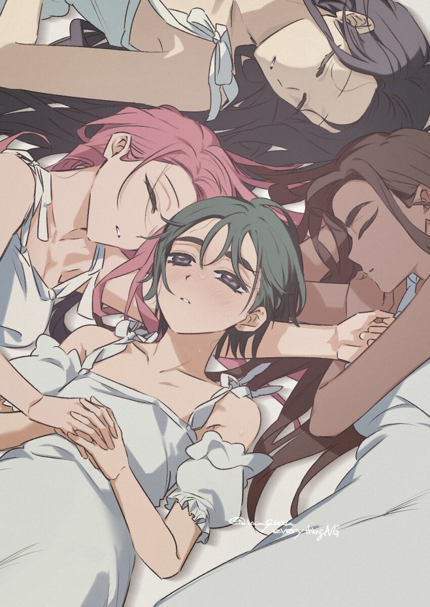 4girls, alien_stage, black_hair, brown_hair, closed_eyes, dark-skinned_female, dark_skin, detached_sleeves