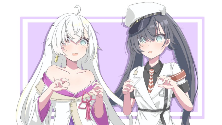 2girls, ahoge, armband, bare_shoulders, black_hair, black_shirt, brown_eyes, collared_shirt, commentary_request, earrings, green_eyes, hat, heterochromia, jacket, japanese_clothes, jewelry, kimono, long_hair, military_hat, military_uniform, minus_(reverseblue), multiple_girls, murasaki_(reverseblue), necktie, peaked_cap, red_armband, red_necktie, reverseblue_x_re-birthend, shirt, short_sleeves, sidelocks, striped_clothes, striped_necktie, twintails, white_hair, white_hat, white_jacket, wide_sleeves, zxap8347