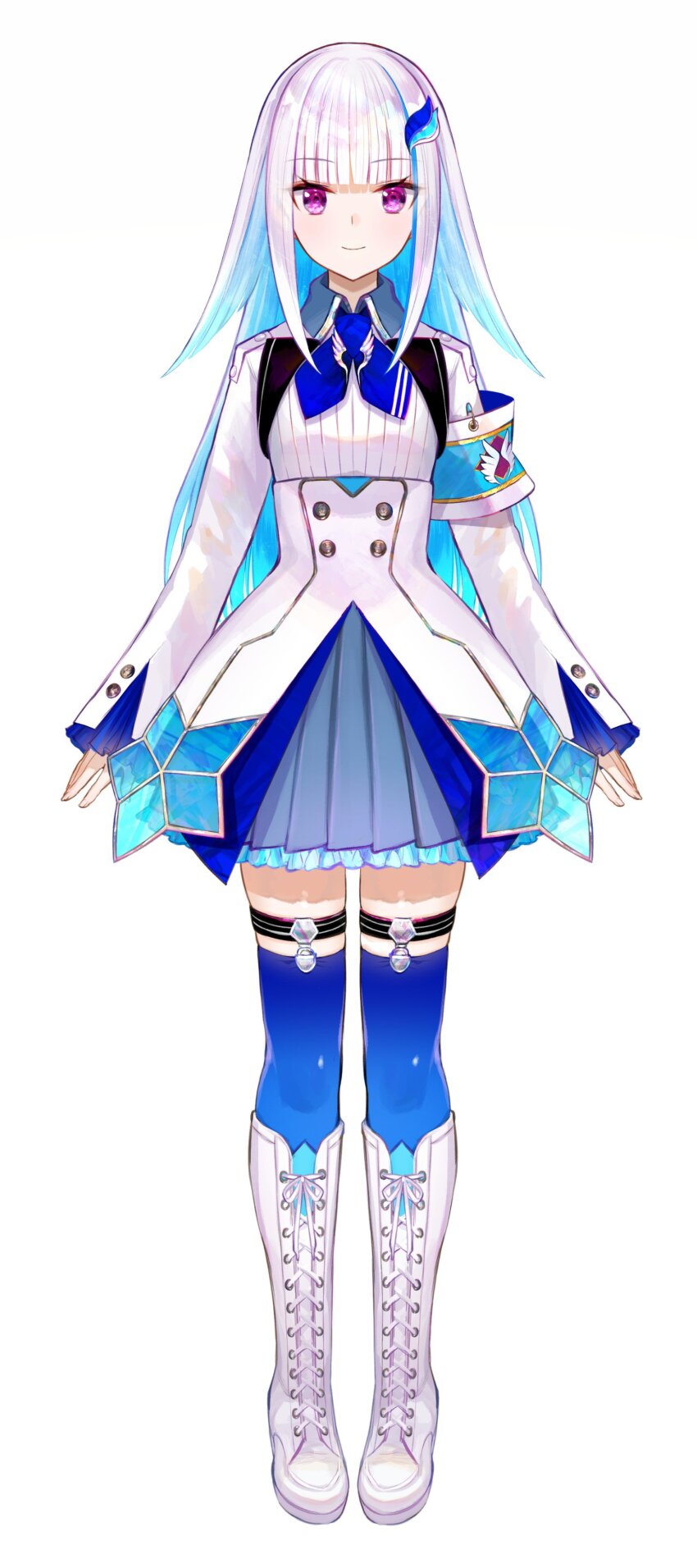 1girl, absurdres, armband, blue_armband, blue_hair, blue_neckerchief, blue_skirt, blue_thighhighs