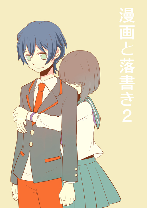 10s, 1boy, 1girl, bad_id, bad_pixiv_id, blazer, blue_hair, brown_hair
