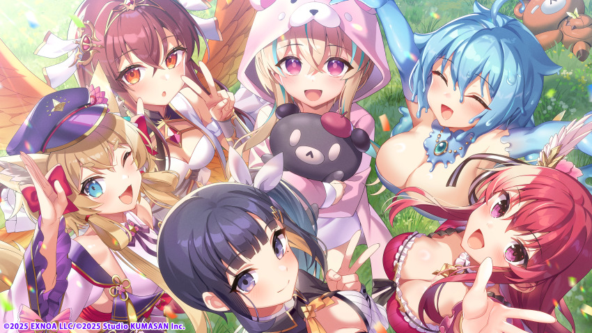 6+girls, :d, :o, absurdres, black_eyes, black_hair, blonde_hair, blue_eyes