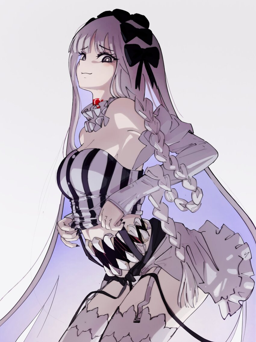 1girl, absurdly_long_hair, absurdres, bare_shoulders, black_bow, black_nails, bow, braid, breasts, cleavage, collar, commentary_request, detached_sleeves, dress, extra_mouth, fate/strange_fake, fate_(series), fingernails, francesca_prelati_(fate), frilled_collar, frills, garter_straps, grey_eyes, hair_bow, highres, long_hair, looking_at_viewer, medium_breasts, multiple_hair_bows, neck_tattoo, ringed_eyes, seeledayo, sharp_teeth, simple_background, smile, solo, split_mouth, stomach_mouth, striped_clothes, striped_dress, tattoo, teeth, thighhighs, very_long_hair, white_background, white_collar, white_dress, white_hair, white_thighhighs