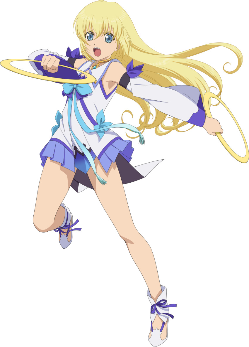 1girl, artist_request, blonde_hair, blue_eyes, blue_ribbon, chakram, colette_brunel, colette_brunel_(shrine_maiden)