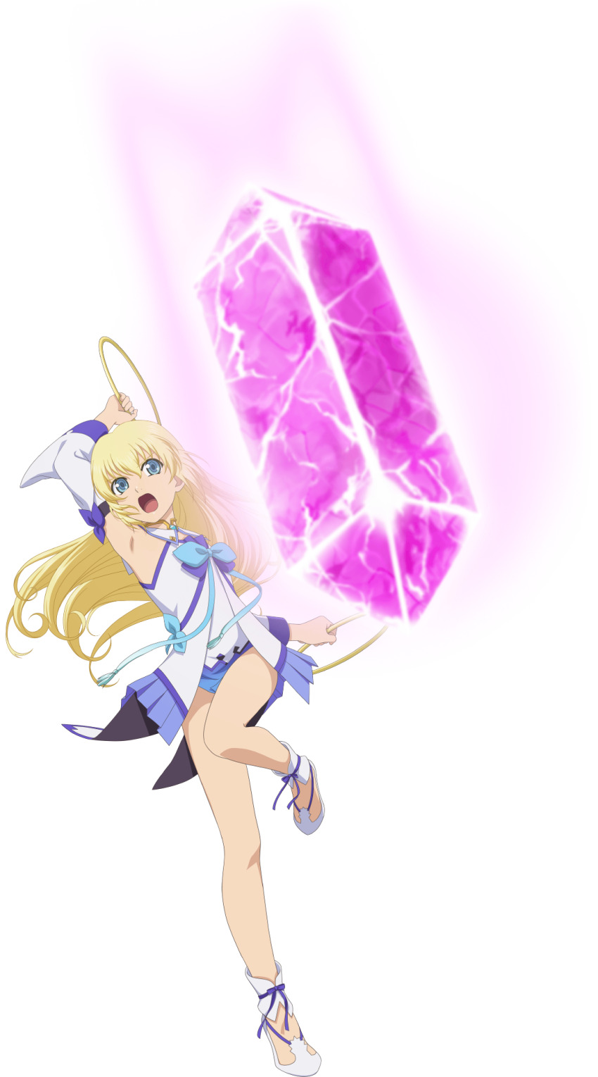 1girl, artist_request, blonde_hair, blue_eyes, blue_ribbon, chakram, colette_brunel, colette_brunel_(shrine_maiden)