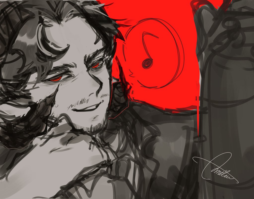 1boy, animal_ears, animification, anmitsu_(anmitsu40919780), beard, bottle, commentary, dream_smp, english_commentary, facial_hair, formal_clothes, holding, holding_bottle, horns, jschlatt, looking_at_viewer, male_focus, mature_male, minecraft_youtube, musical_note, mustache, necktie, red_background, red_eyes, red_theme, sheep_boy, sheep_ears, sheep_horns, signature, sketch, solo, spoken_musical_note, spot_color, suit