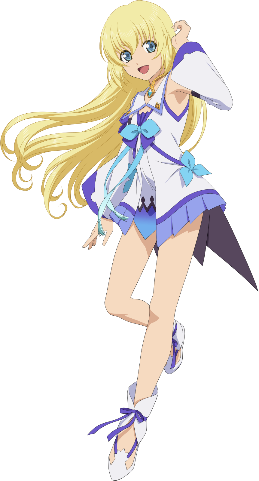 1girl, blonde_hair, blue_eyes, blue_ribbon, colette_brunel, colette_brunel_(shrine_maiden), detached_sleeves, full_body