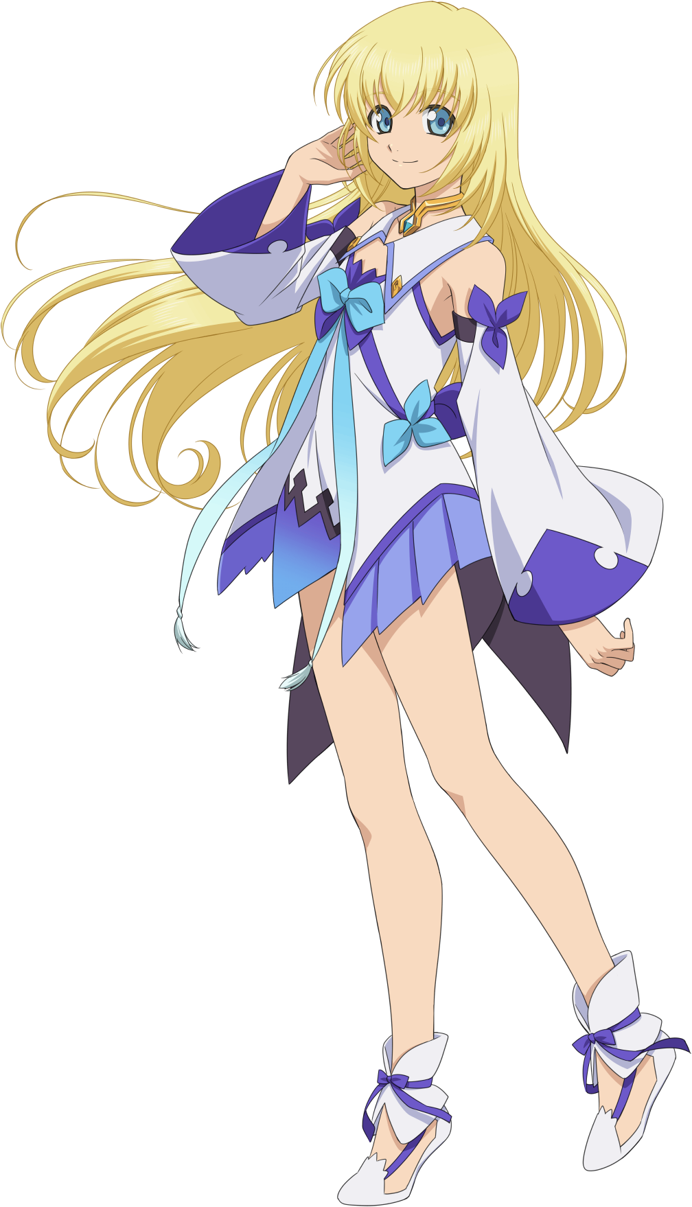 1girl, blonde_hair, blue_eyes, blue_ribbon, closed_mouth, colette_brunel, colette_brunel_(shrine_maiden), full_body