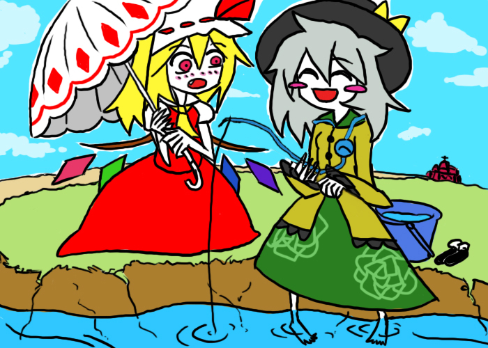 2girls, barefoot, blonde_hair, blush, bucket, colored_skin, closed_eyes, fang, female_focus, fishing, fishing_rod, flandre_scarlet, good_end, green_eyes, grey_hair, happy, hat, koishi_komeiji's_heart-throbbing_adventure, komeiji_koishi, lake, multiple_girls, red_eyes, scarlet_devil_mansion, shoes, smile, third_eye, touhou, umbrella, white_skin, yuberyu