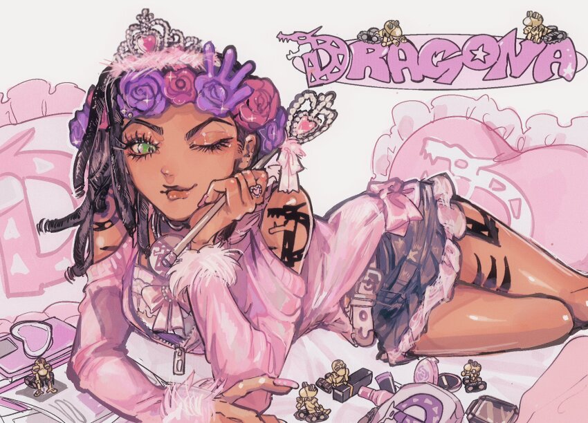 1girl, alternate_costume, arm_tattoo, bag, bare_shoulders, bed, black_hair, bow