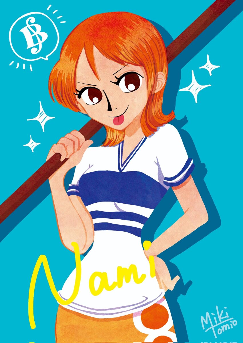 1girl, 2025, artist_name, ateliermiki, blue_background, character_name, commentary, cowboy_shot, hand_on_own_hip, highres, holding, holding_staff, looking_at_viewer, nami_(one_piece), nami_(one_piece)_(east_blue), notice_lines, one_piece, orange_hair, shadow, shirt, simple_background, skirt, solo, sparkle, staff, t-shirt, tongue, tongue_out, v-neck, yellow_skirt