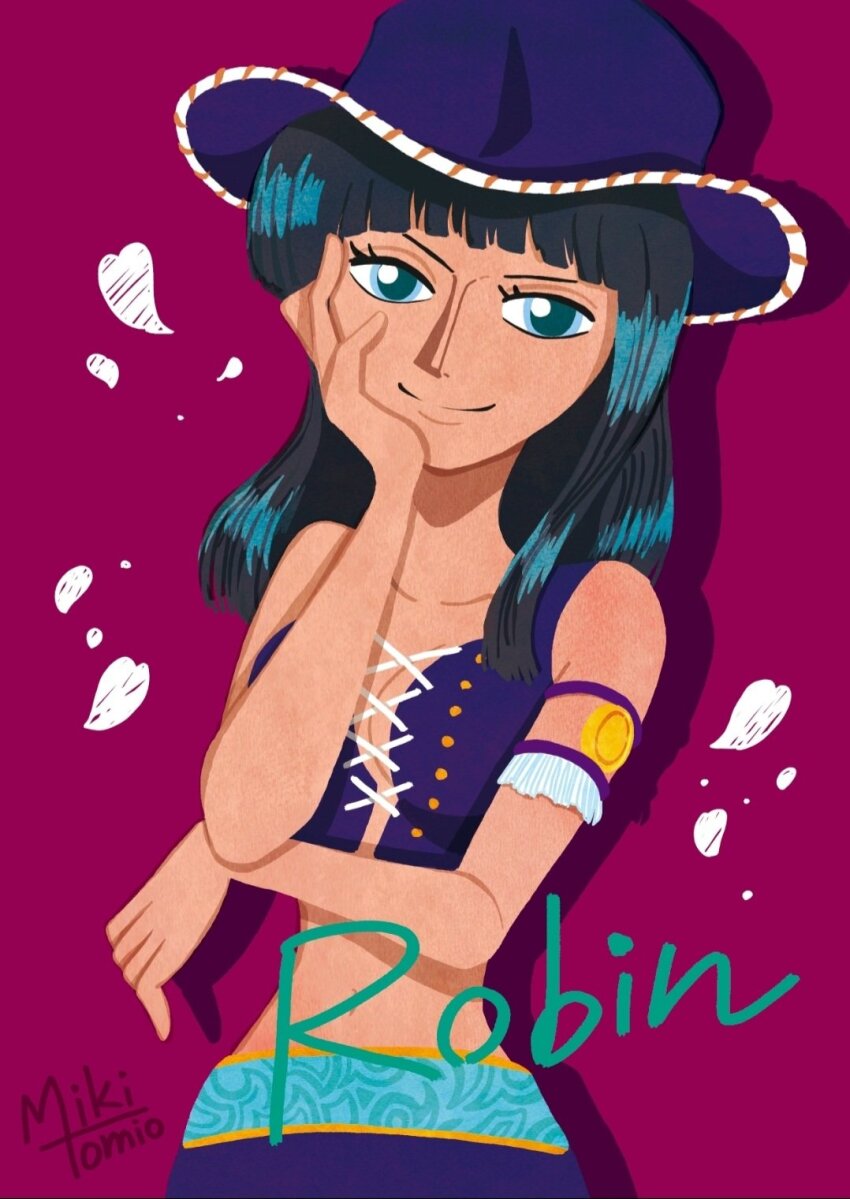 1girl, 2025, armlet, artist_name, ateliermiki, bare_shoulders, black_hair, blue_eyes, blunt_bangs, character_name, chibi, closed_mouth, commentary, cowboy_hat, cowboy_shot, crop_top, cross-laced_clothes, cross-laced_top, hand_on_own_cheek, hand_on_own_face, hat, highres, jewelry, looking_at_viewer, midriff, navel, nico_robin, nico_robin_(whisky_peak), one_piece, petals, purple_background, purple_hat, purple_shirt, purple_skirt, shadow, shirt, skirt, smile, solo