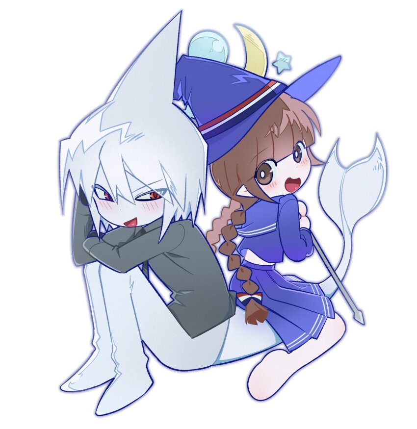 1boy, 1girl, blue_hat, blue_sailor_collar, blue_serafuku, blue_skirt, bow, braid, bright_pupils, brown_eyes, brown_hair, colored_skin, fins, fish_tail, funamusea, grey_shirt, hashtag-only_commentary, hat, head_fins, highres, holding, holding_staff, looking_at_another, mian_(mian_eee), multicolored_bow, oounabara_to_wadanohara, open_mouth, pale_skin, pants, pleated_skirt, pointy_ears, red_eyes, sailor_collar, school_uniform, serafuku, shark_boy, shark_fin, shark_tail, shirt, simple_background, sitting, sitting_on_tail, skirt, smug, staff, star_(symbol), syakesan_(funamusea), tail, twin_braids, wadanohara, white_background, white_pants, white_pupils, white_skin, witch_hat