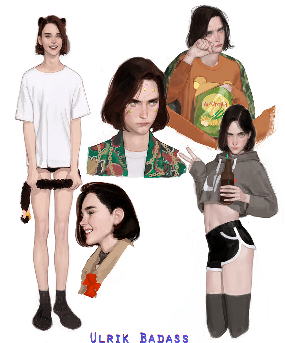 1boy, animal_ears, artist_name, bag_of_chips, bottle, brown_hair, closed_mouth, commentary_request, crop_top, cropped_hoodie, cropped_legs, crying, dolphin_shorts, drinking_straw, highres, holding, holding_bottle, hood, hoodie, looking_at_viewer, midriff, multiple_views, navel, parted_lips, rustfiends, shirt, short_hair, shorts, simple_background, sitting, smile, standing, tail, teeth, thighhighs, ulrikbadass, upper_teeth_only, v, valentine_(rustfiends), white_background, white_shirt