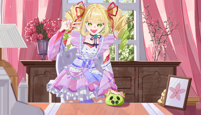 1girl, blonde_hair, blush, blush_stickers, bow, commission, curtains, dress