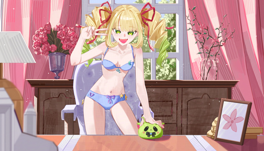 1girl, blonde_hair, blue_bra, blue_panties, blush, blush_stickers, bow, bra