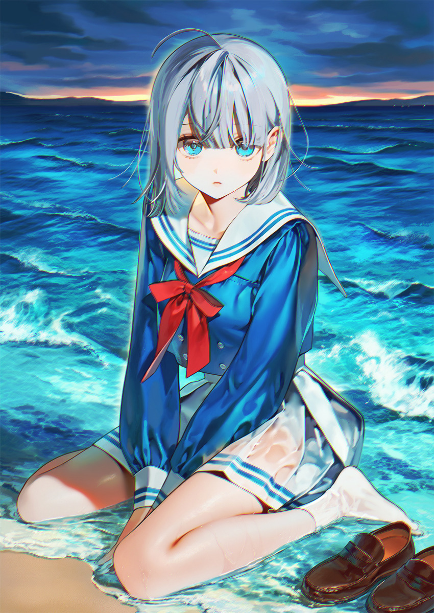 1girl, ahoge, beach, blue_eyes, blue_shirt, bow, bowtie, brown_shoes