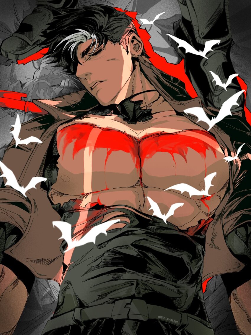 1boy, batman_(series), batman_symbol, belt, black_bodysuit, black_hair, bodysuit, brown_jacket