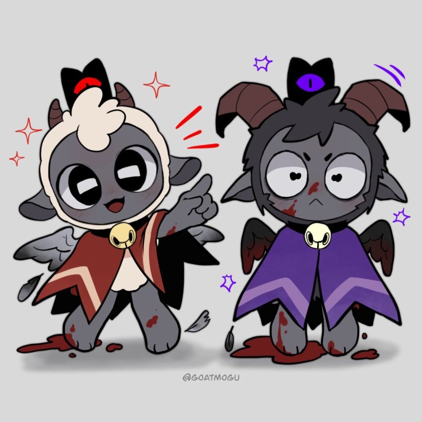 2boys, :<, :d, animal_ears, bell, black_hair, black_vs_white, blood