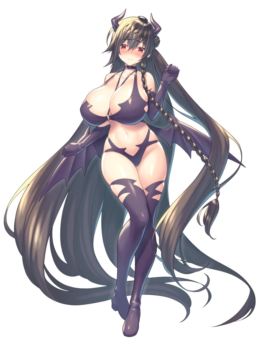 1girl, absurdly_long_hair, akito_akaishi, bat_wings, between_breasts, bikini, black_boots, black_hair