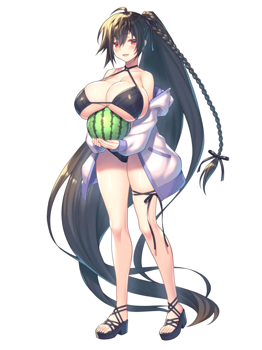 1girl, :d, absurdly_long_hair, akito_akaishi, bikini, black_bikini, black_hair, blush