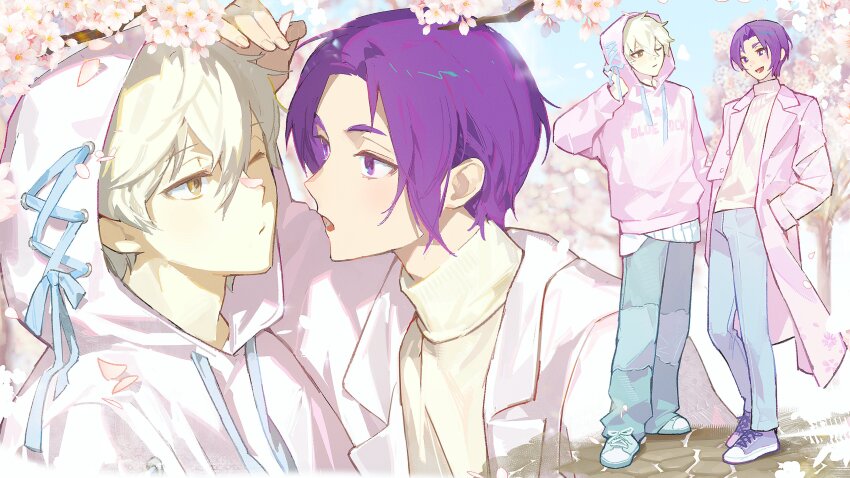 2boys, absurdres, ballro, blue_lock, blue_pants, blue_ribbon, blue_shoes, blue_sky