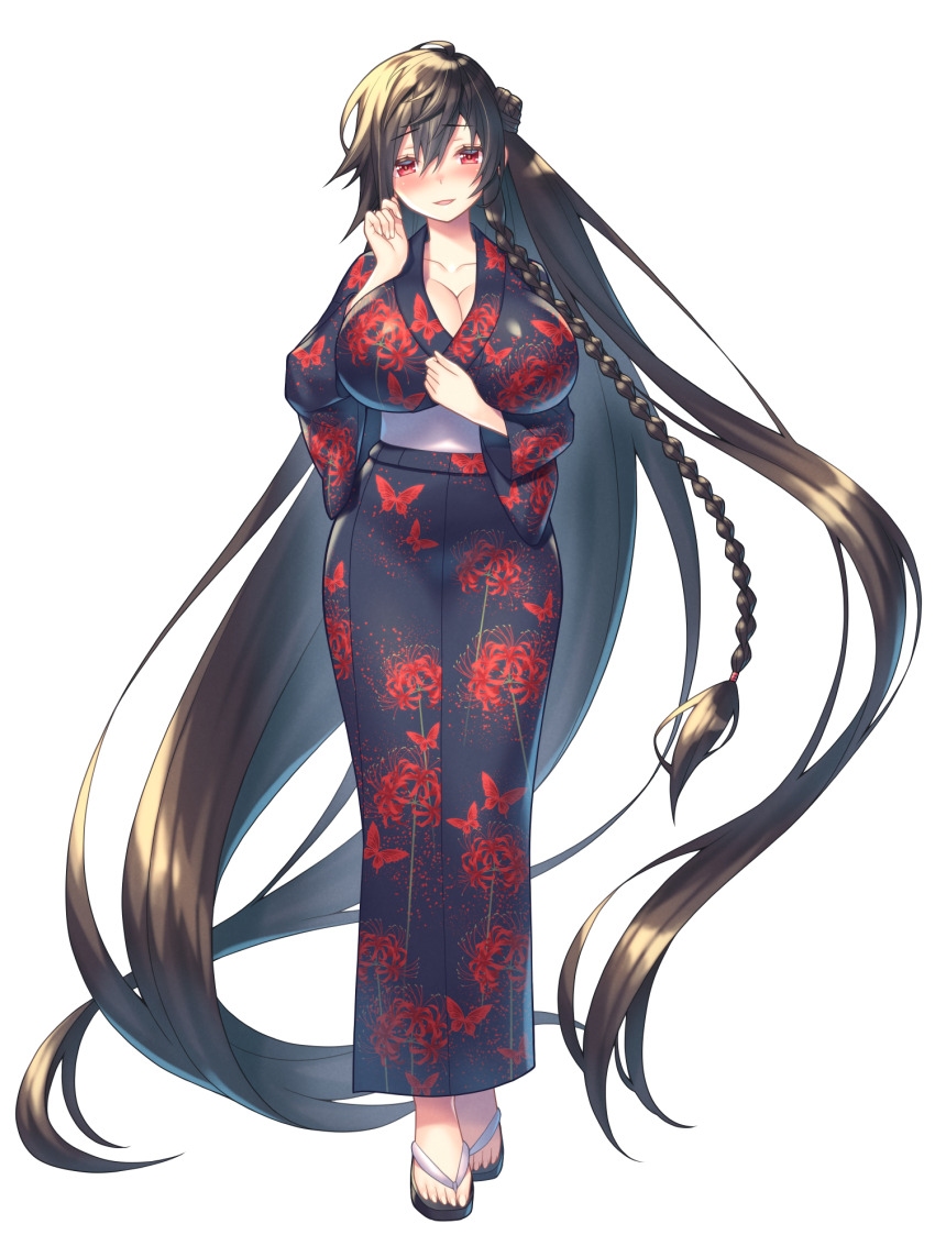 1girl, absurdly_long_hair, akito_akaishi, animal_print, botanichige_whitemaria, breasts, butterfly_print, cleavage