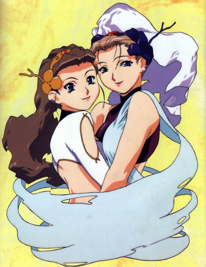 1990s_(style), 2girls, back, blue_eyes, brown_hair, comparison, dual_persona, earrings