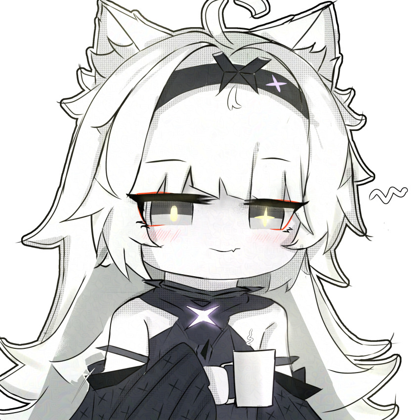 1girl, ahoge, animal_ears, bare_shoulders, black_hairband, chibi, chibi_only, closed_mouth
