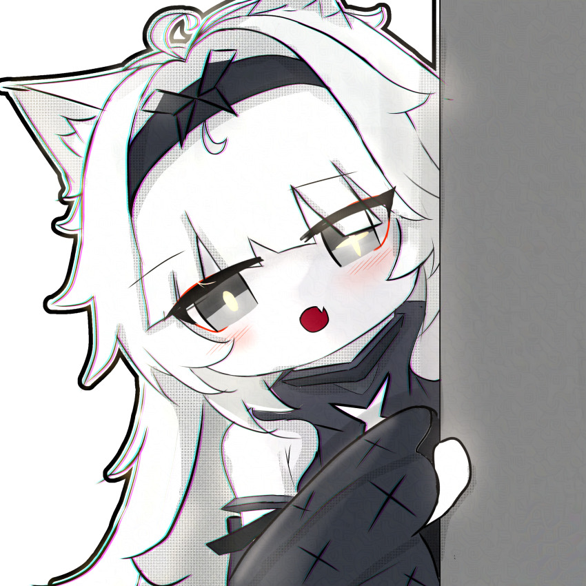 1girl, ahoge, animal_ears, bare_shoulders, black_hairband, chromatic_aberration, commentary, detached_sleeves