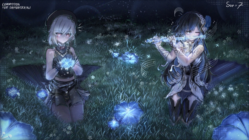 2girls, absurdres, bare_shoulders, bead_necklace, beads, beret, black_hair, black_hat