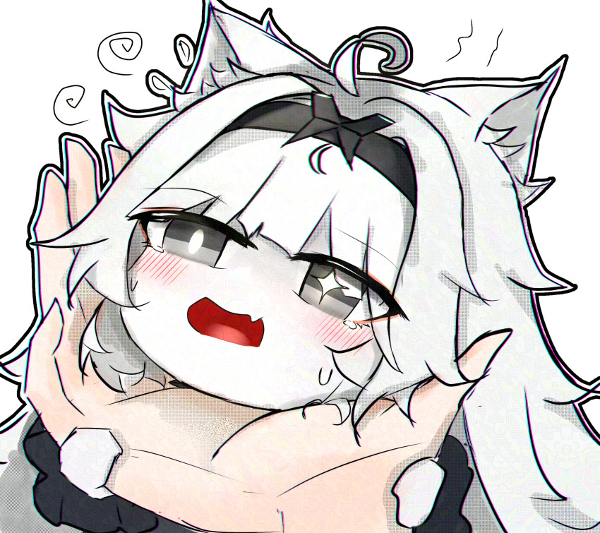 1girl, 1other, ahoge, black_hairband, blush, bright_pupils, chibi, chibi_inset, chromatic_aberration, commentary, english_commentary, grey_eyes, grey_hair, hairband, hand_on_another's_chin, highres, long_hair, mismatched_pupils, no._21:_feral_(pgr), no._21_(pgr), open_mouth, punishing:_gray_raven, sanx7, solo, star-shaped_pupils, star_(symbol), sweatdrop, symbol-shaped_pupils, white_background, white_pupils