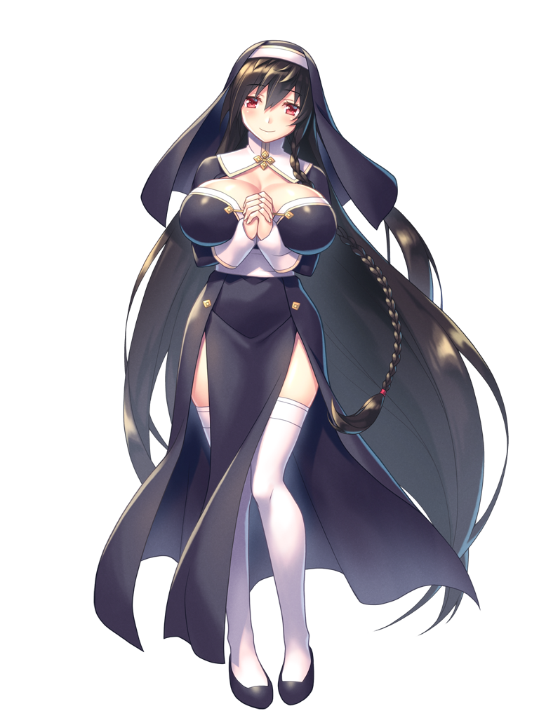 1girl, akito_akaishi, black_hair, black_shoes, botanichige_whitemaria, breasts, cleavage, dairoku_ryouhei, full_body, long_hair, long_sleeves, looking_at_viewer, nun_headdress, own_hands_clasped, own_hands_together, red_eyes, shoes, standing, thighhighs, very_long_hair, white_thighhighs