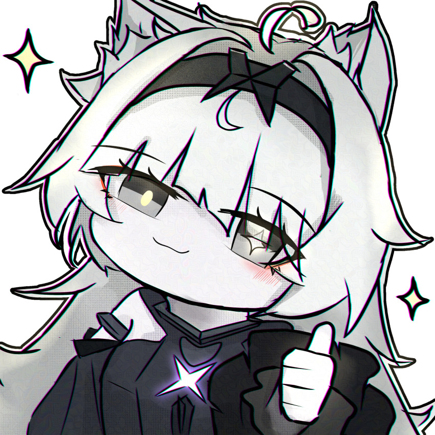 1girl, ahoge, animal_ears, black_hairband, breasts, bright_pupils, chibi, chibi_only