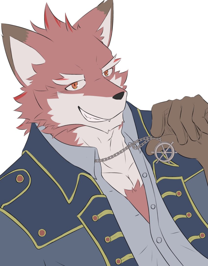 1boy, absurdres, blue_jacket, character_request, commentary_request, diederich_olsen_(knight's_college), furry, furry_male, highres, jacket, jewelry, knights_college, looking_at_viewer, male_focus, muscular, muscular_male, necklace, open_clothes, open_jacket, orange_eyes, red_fur, sailor_collar, smile, smiley_face, white_fur