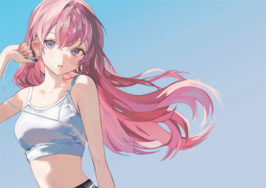 1girl, bare_arms, blue_background, breasts, collarbone, crop_top, earphones, gradient_background