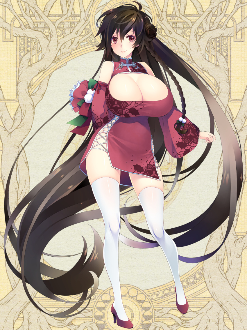 1girl, absurdly_long_hair, black_hair, botanichige_whitemaria, braid, breasts, china_dress, chinese_clothes