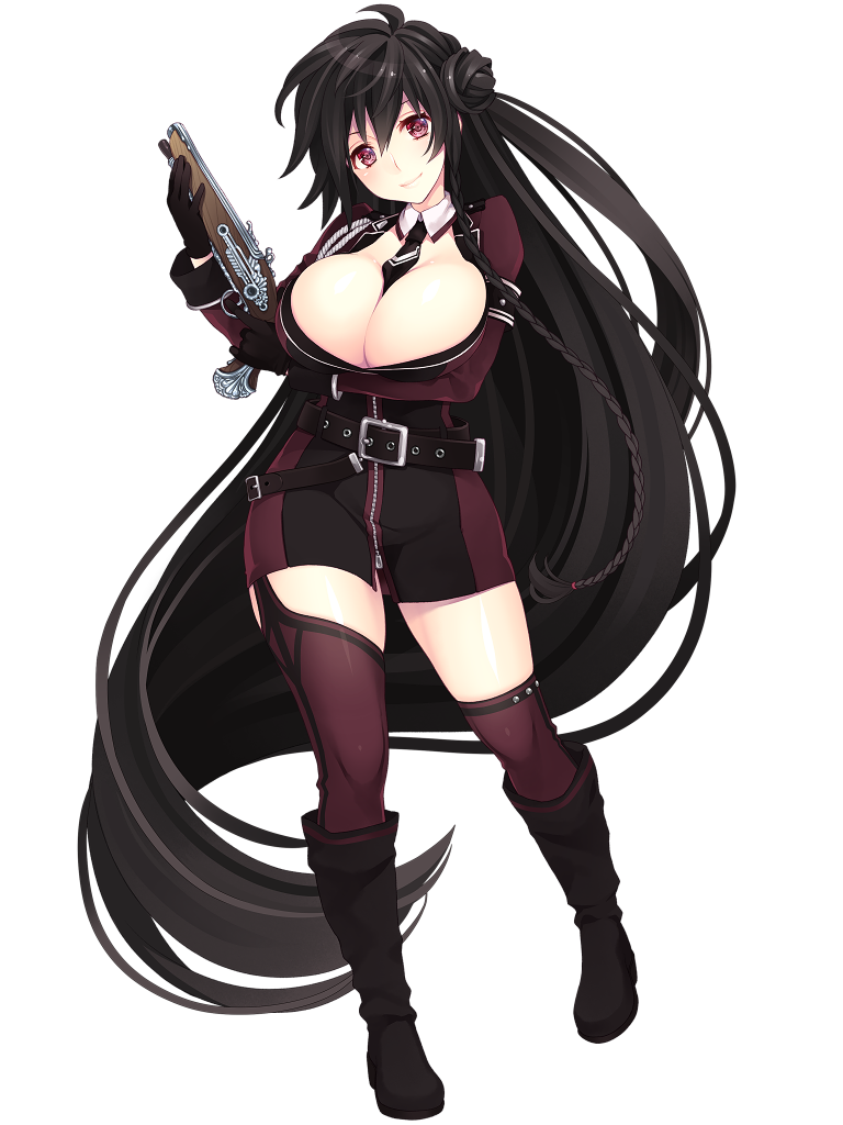 1girl, absurdly_long_hair, armband, belt, between_breasts, black_boots, black_gloves, black_hair