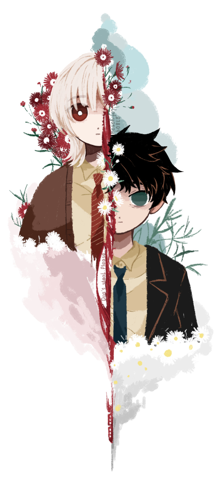 2boys, absurdres, akinashi_haru, black_hair, black_jacket, blue_eyes, blue_necktie, brown_cardigan